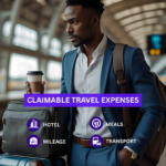 Businessperson with suitcase at train station representing business travel and reimbursable expenses like mileage, hotels, and meals