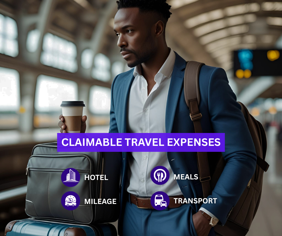 Businessperson with suitcase at train station representing business travel and reimbursable expenses like mileage, hotels, and meals