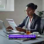 UK employee checking payslip with deductions for tax and NI