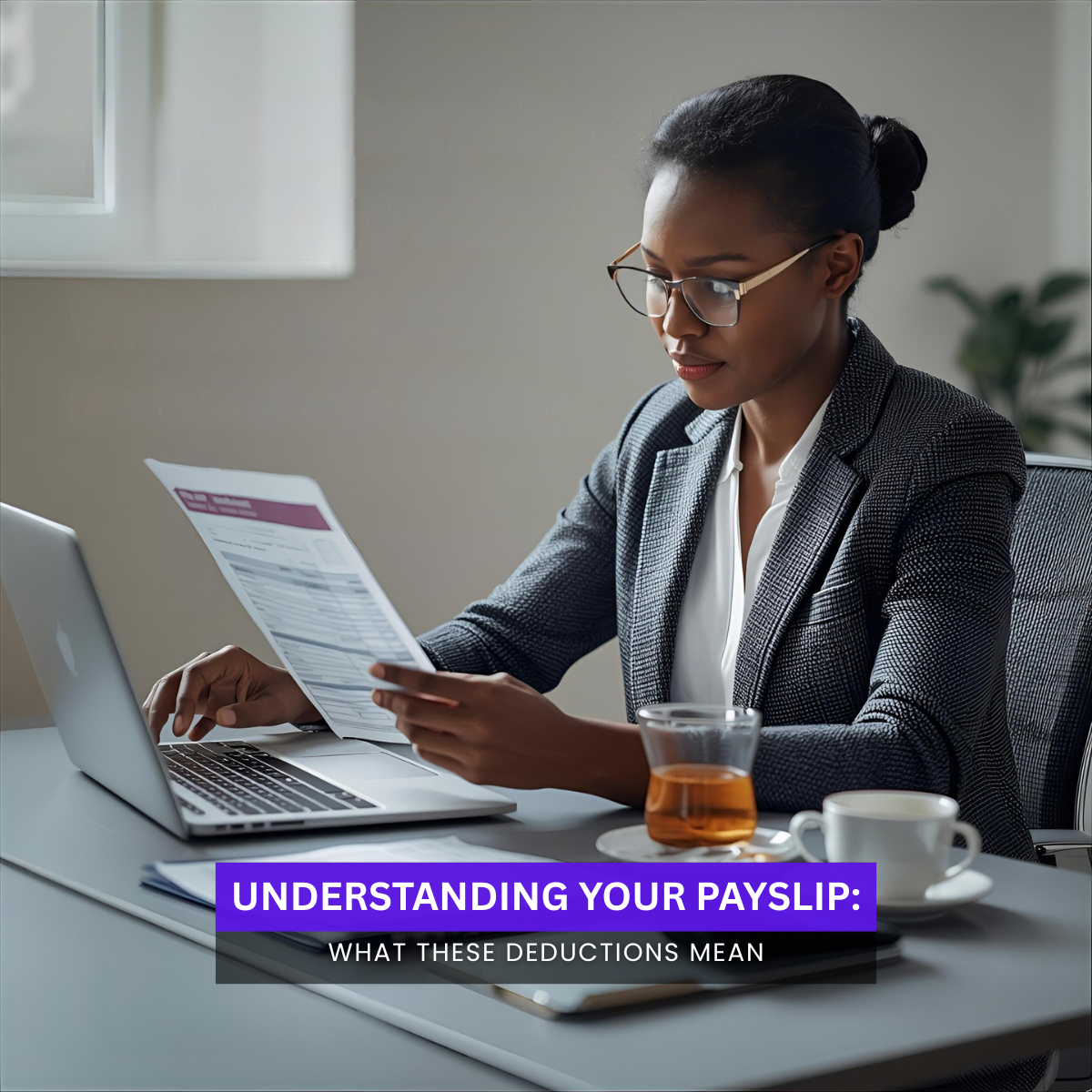 UK employee checking payslip with deductions for tax and NI