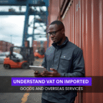 Black British logistics manager reviewing import documents beside shipping containers in a UK port.