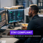 Black British accountant in a UK office reviewing VAT spreadsheets on dual monitors.