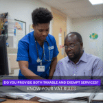 Black British nurse or healthcare administrator reviewing records in a hospital office.
