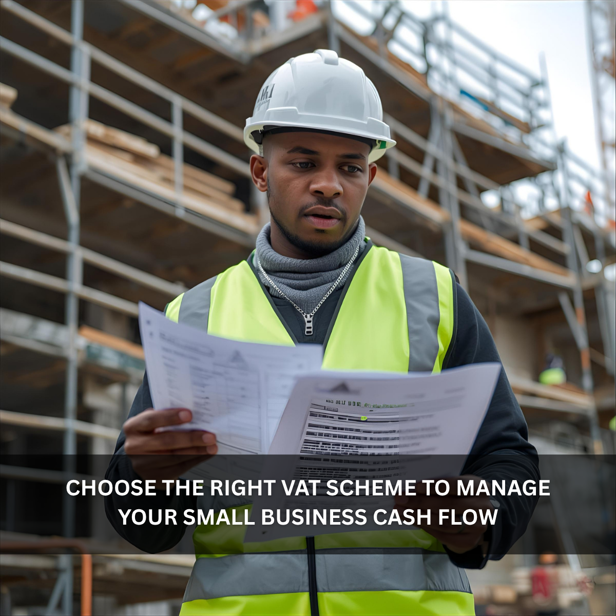 Black British construction site manager reviewing invoices at a building site, representing VAT schemes for small businesses.