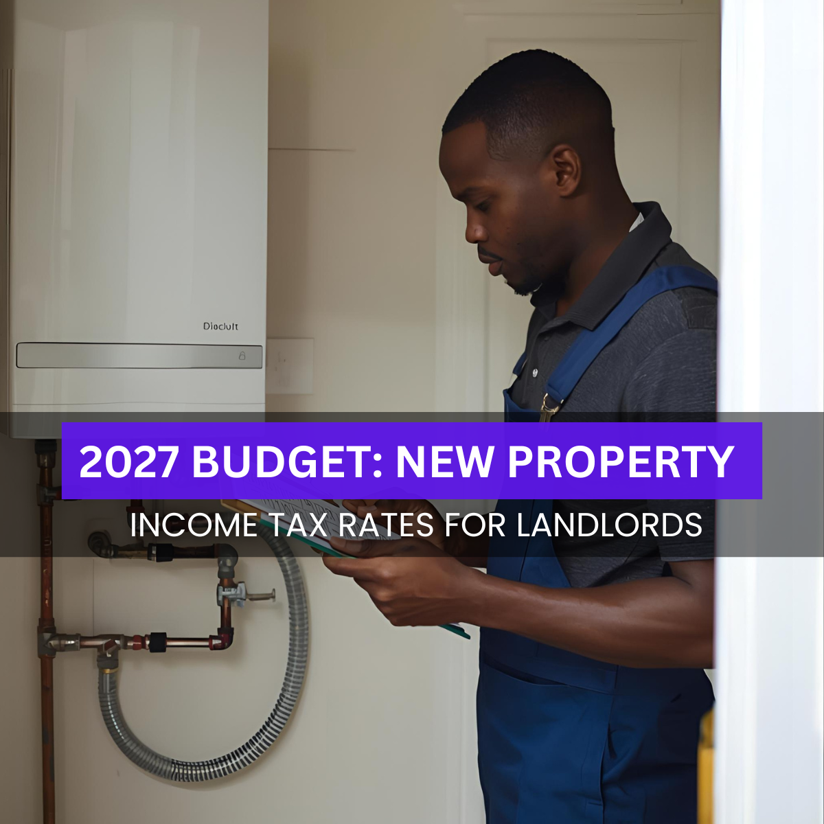 Black British property maintenance worker inspecting a boiler inside a UK rental property while reviewing documents.