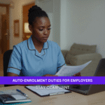 Healthcare worker reviewing auto-enrolment pension paperwork on a laptop to ensure employer compliance