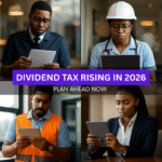 People in various professions looking at tablets with a banner reading ‘Dividend Tax Rising in 2026 – Plan Ahead Now’.