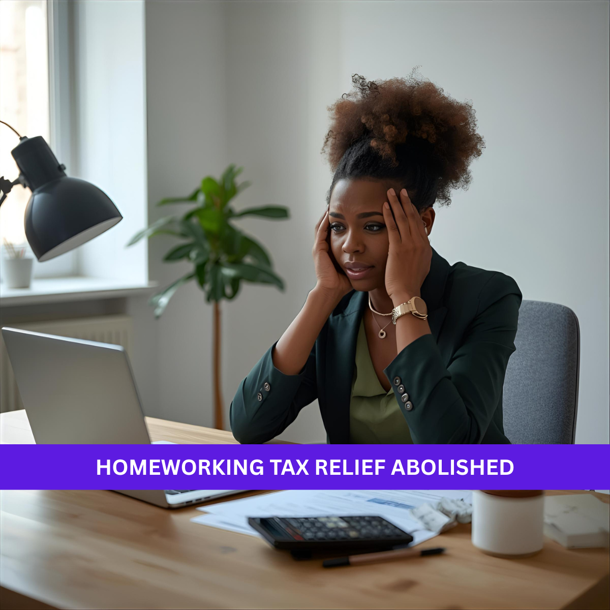 Employee working from home looking stressed at a desk with a laptop and calculator after homeworking tax relief was abolished