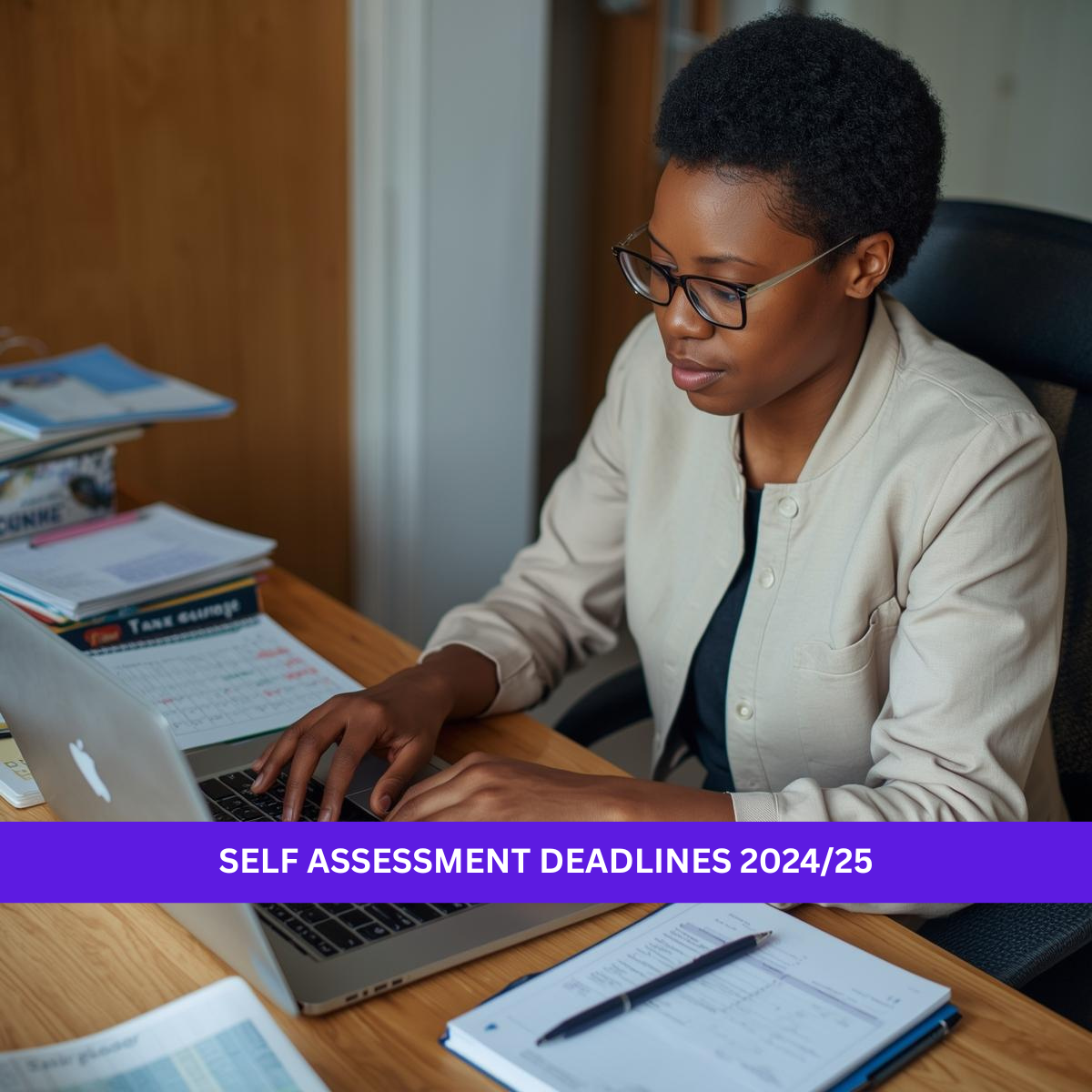 Black British self-employed support worker reviewing Self Assessment deadlines on a laptop in a home office.