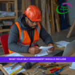 Black British self-employed construction worker reviewing receipts and invoices for Self Assessment.