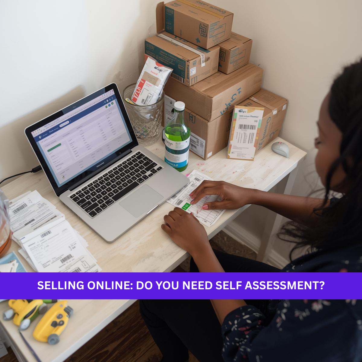 Black British childcare professional packing online orders while tracking sales on a laptop.