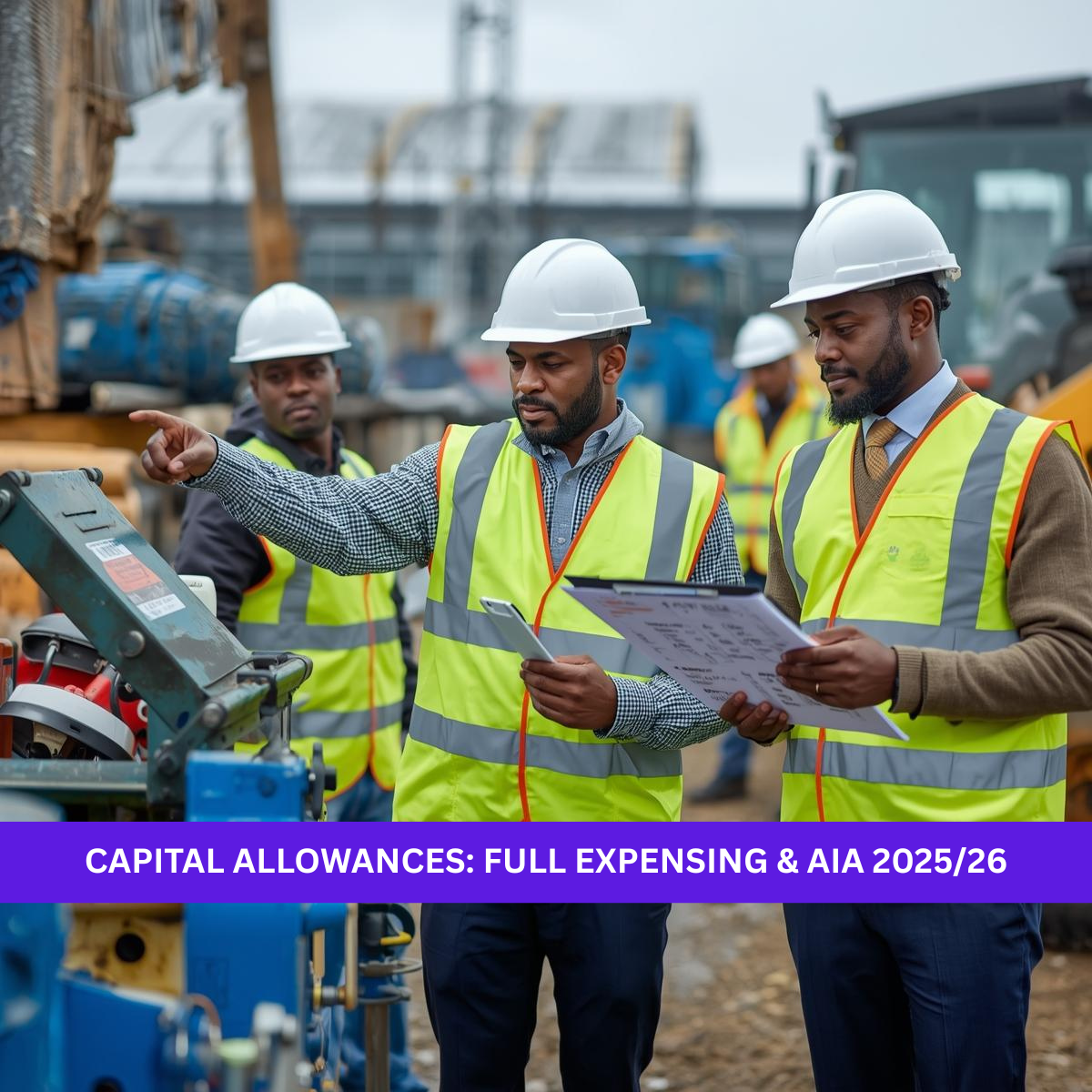 Black British construction managers wearing safety helmets and high-visibility vests reviewing machinery and documents on a UK construction site, representing capital allowances, full expensing, and AIA for 2025/26.